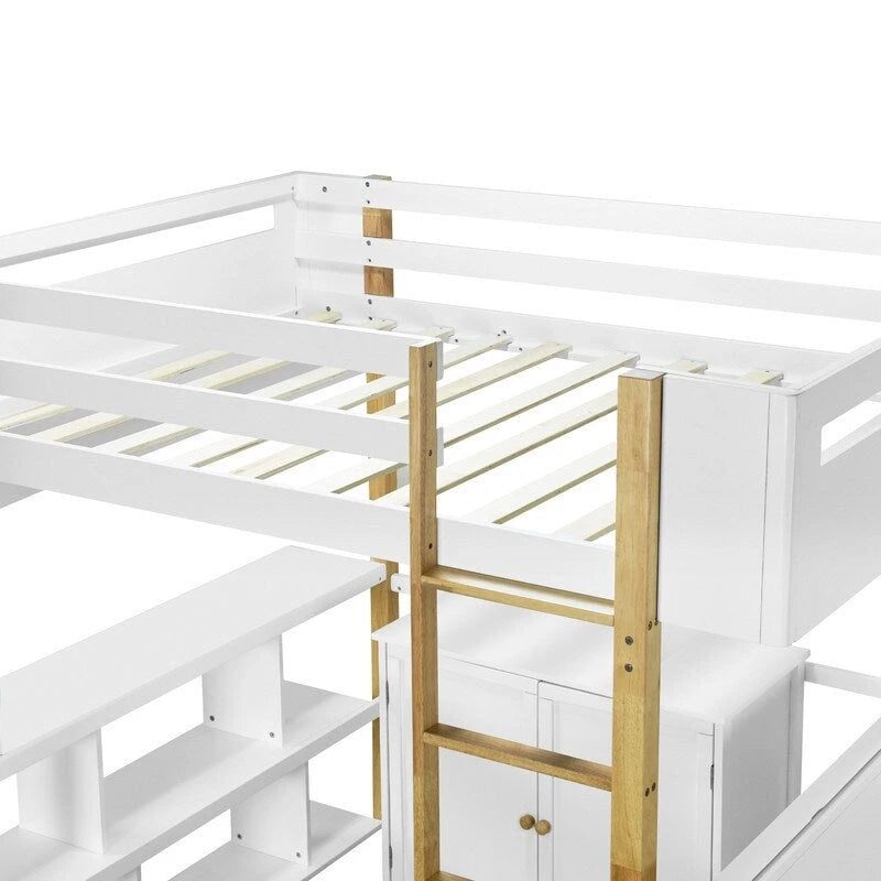 Cama alta de madera de tamaño completo con armario de almacenamiento y cubos incorporados, escritorio plegable