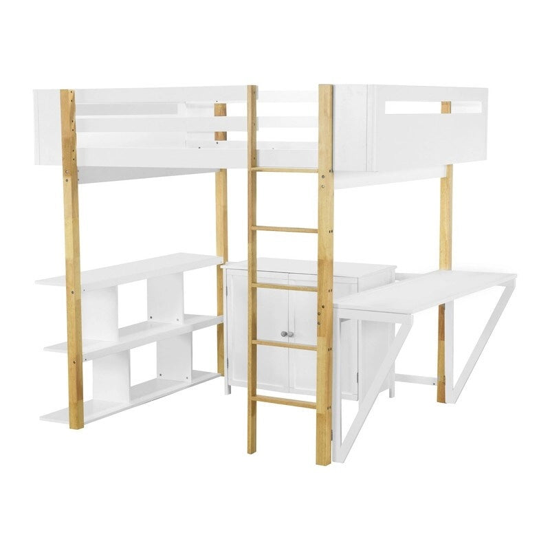 Cama alta de madera de tamaño completo con armario de almacenamiento y cubos incorporados, escritorio plegable