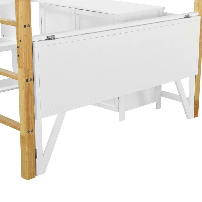 Cama alta de madera de tamaño completo con armario de almacenamiento y cubos incorporados, escritorio plegable