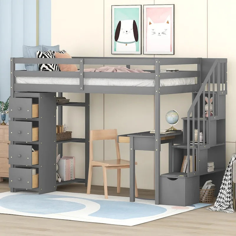 Cama alta individual con escritorio y escaleras de almacenamiento, armazón de cama de madera que ahorra espacio con cajones y estantes, para adolescentes y adultos