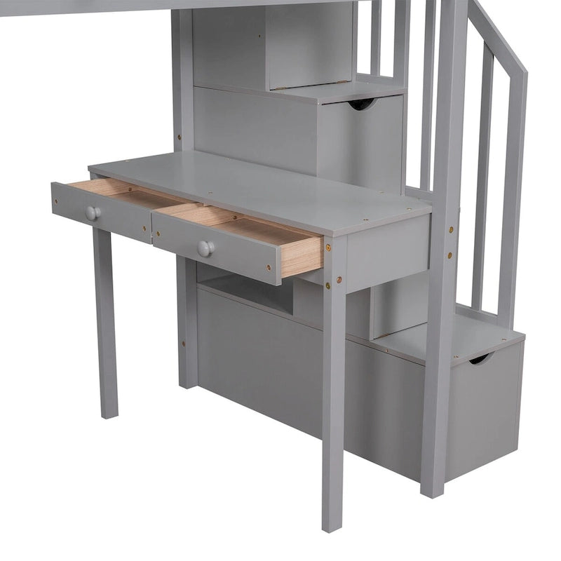 Cama alta individual con escritorio y escaleras de almacenamiento, armazón de cama de madera que ahorra espacio con cajones y estantes, para adolescentes y adultos