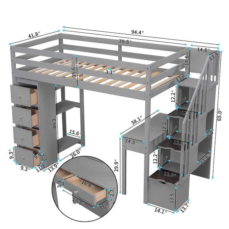 Cama alta individual con escritorio y escaleras de almacenamiento, armazón de cama de madera que ahorra espacio con cajones y estantes, para adolescentes y adultos