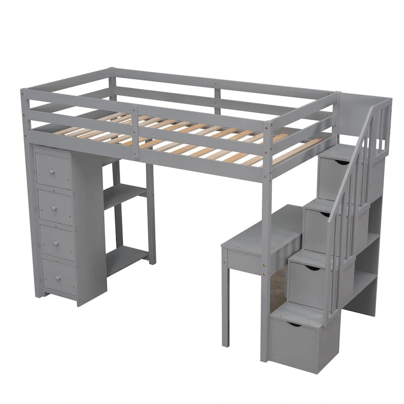 Cama alta individual con escritorio y escaleras de almacenamiento, armazón de cama de madera que ahorra espacio con cajones y estantes, para adolescentes y adultos
