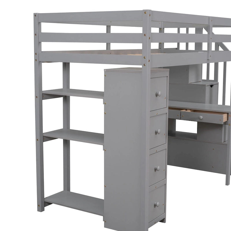 Cama alta individual con escritorio y escaleras de almacenamiento, armazón de cama de madera que ahorra espacio con cajones y estantes, para adolescentes y adultos