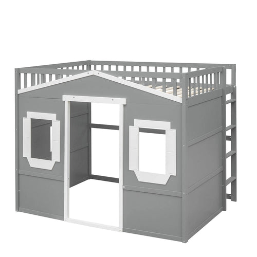 Full Size Creativity House Bed Wood Loft Bed with Ladder