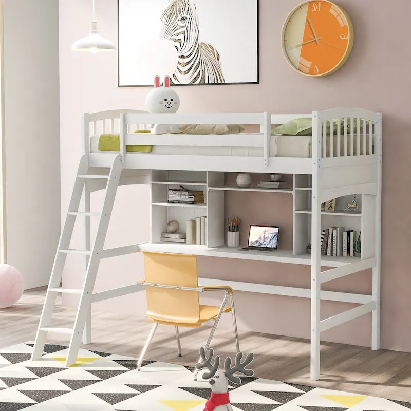 Cama alta con estantes de almacenamiento, escritorio y escalera