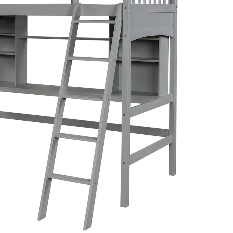 Cama alta con estantes de almacenamiento, escritorio y escalera