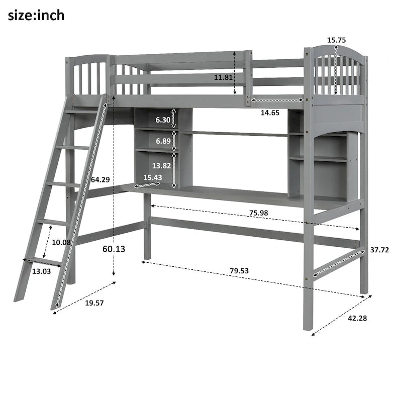 Cama alta con estantes de almacenamiento, escritorio y escalera