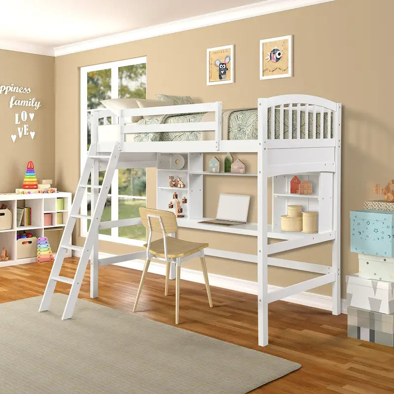 Cama alta con estantes de almacenamiento, escritorio y escalera