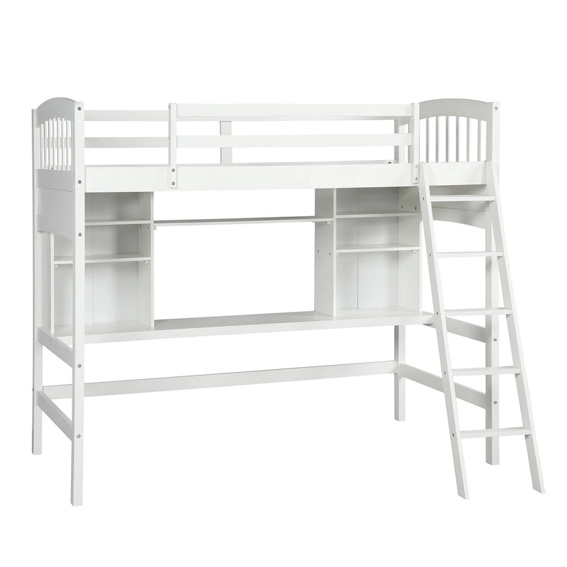 Cama alta con estantes de almacenamiento, escritorio y escalera