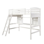 Cama alta con estantes de almacenamiento, escritorio y escalera