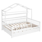Wooden Full Size Creativity House Bed with Twin Size Trundle Bed and Storage Shelf, Full-Length Guardrail Bed for Kids Teens