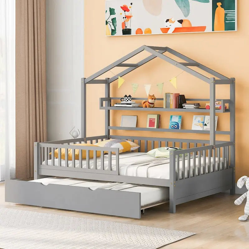 Cama Casa Creativa de Madera Tamaño Matrimonial con Cama Nido Doble y Estante de Almacenamiento, Cama con Barandilla de Cuerpo Entero para Niños y Adolescentes