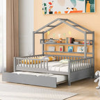 Cama Casa Creativa de Madera Tamaño Matrimonial con Cama Nido Doble y Estante de Almacenamiento, Cama con Barandilla de Cuerpo Entero para Niños y Adolescentes