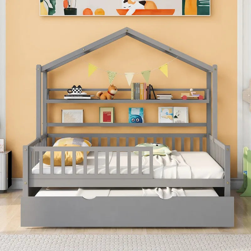 Cama Casa Creativa de Madera Tamaño Matrimonial con Cama Nido Doble y Estante de Almacenamiento, Cama con Barandilla de Cuerpo Entero para Niños y Adolescentes