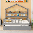 Cama Casa Creativa de Madera Tamaño Matrimonial con Cama Nido Doble y Estante de Almacenamiento, Cama con Barandilla de Cuerpo Entero para Niños y Adolescentes
