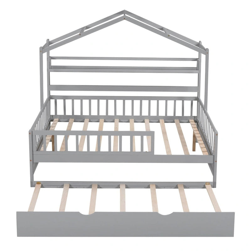 Cama Casa Creativa de Madera Tamaño Matrimonial con Cama Nido Doble y Estante de Almacenamiento, Cama con Barandilla de Cuerpo Entero para Niños y Adolescentes