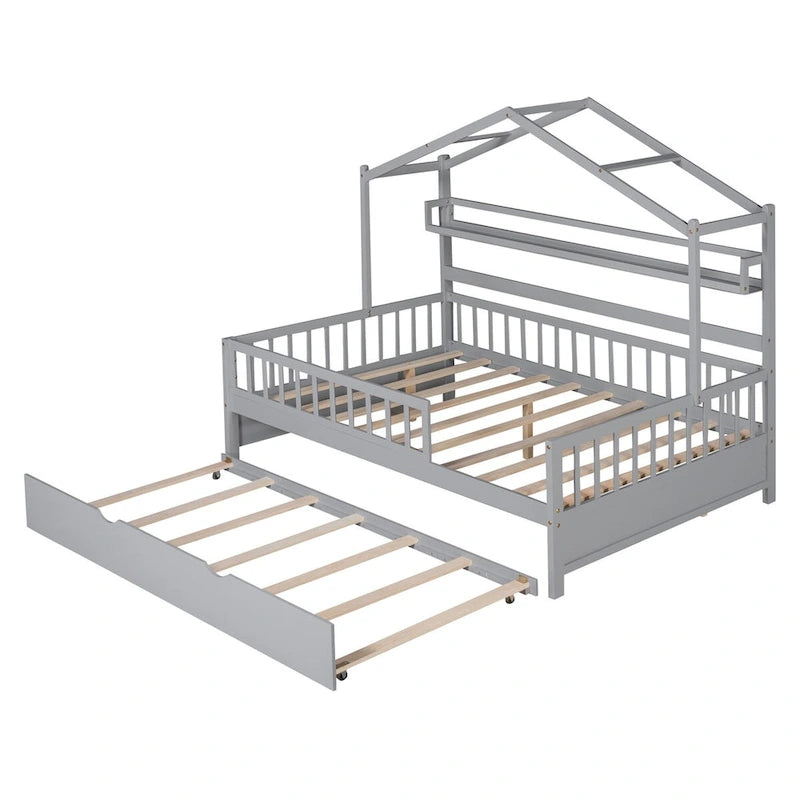 Cama Casa Creativa de Madera Tamaño Matrimonial con Cama Nido Doble y Estante de Almacenamiento, Cama con Barandilla de Cuerpo Entero para Niños y Adolescentes