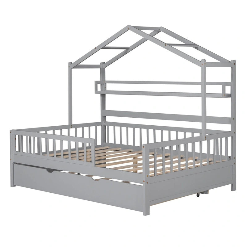 Cama Casa Creativa de Madera Tamaño Matrimonial con Cama Nido Doble y Estante de Almacenamiento, Cama con Barandilla de Cuerpo Entero para Niños y Adolescentes