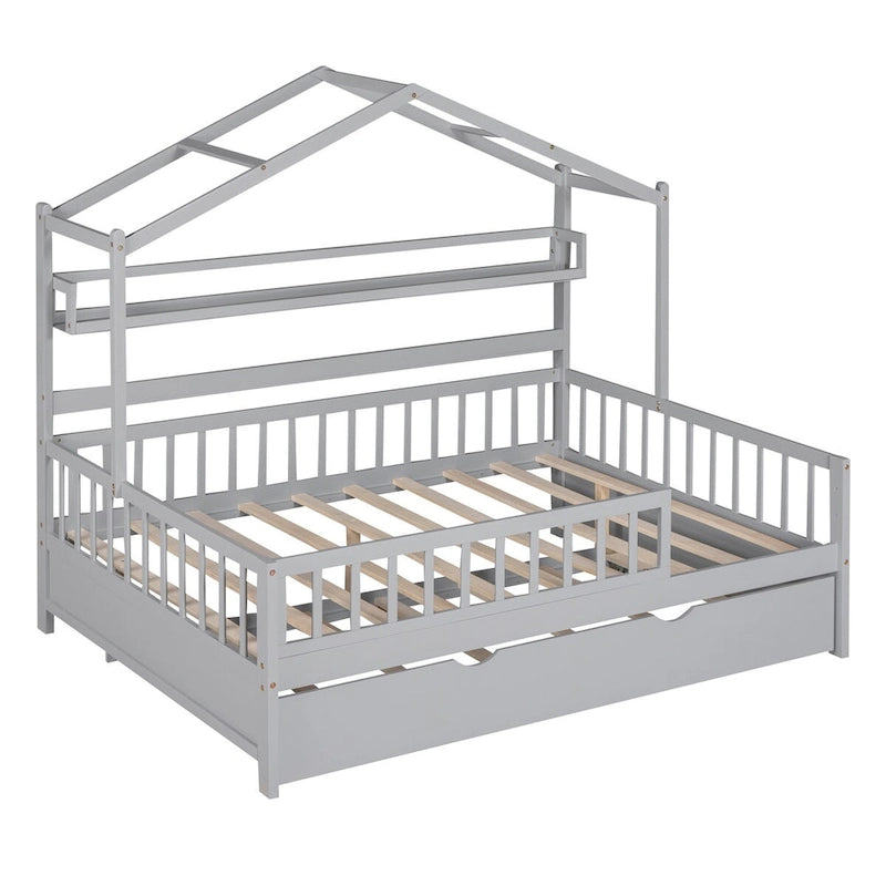 Cama Casa Creativa de Madera Tamaño Matrimonial con Cama Nido Doble y Estante de Almacenamiento, Cama con Barandilla de Cuerpo Entero para Niños y Adolescentes