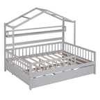 Cama Casa Creativa de Madera Tamaño Matrimonial con Cama Nido Doble y Estante de Almacenamiento, Cama con Barandilla de Cuerpo Entero para Niños y Adolescentes