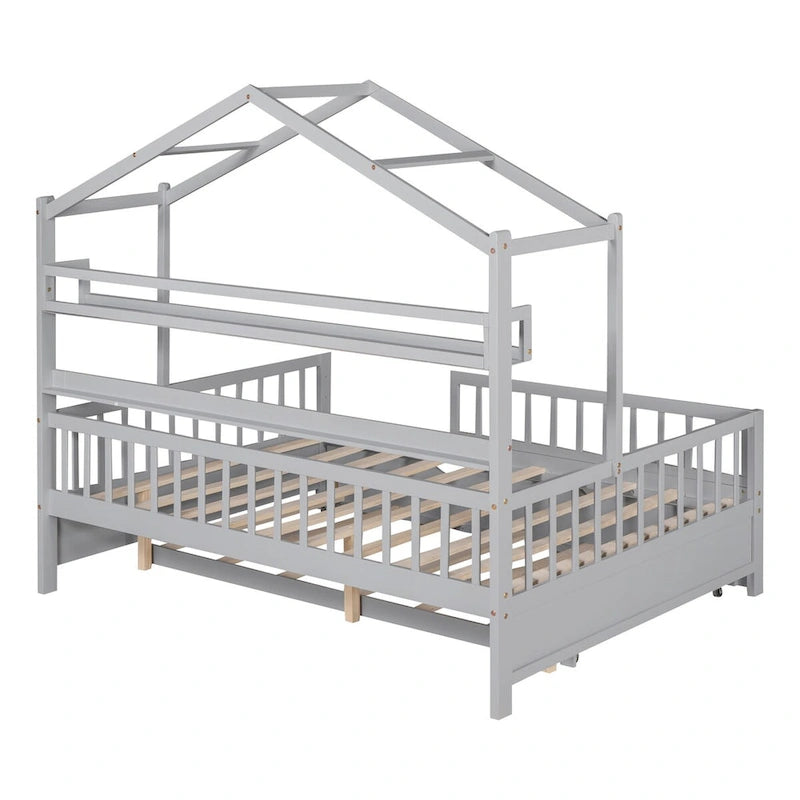 Cama Casa Creativa de Madera Tamaño Matrimonial con Cama Nido Doble y Estante de Almacenamiento, Cama con Barandilla de Cuerpo Entero para Niños y Adolescentes