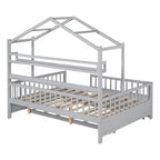Cama Casa Creativa de Madera Tamaño Matrimonial con Cama Nido Doble y Estante de Almacenamiento, Cama con Barandilla de Cuerpo Entero para Niños y Adolescentes