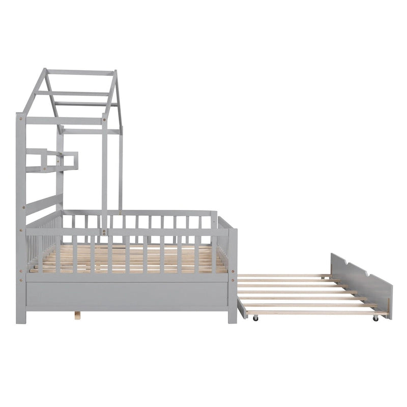 Cama Casa Creativa de Madera Tamaño Matrimonial con Cama Nido Doble y Estante de Almacenamiento, Cama con Barandilla de Cuerpo Entero para Niños y Adolescentes