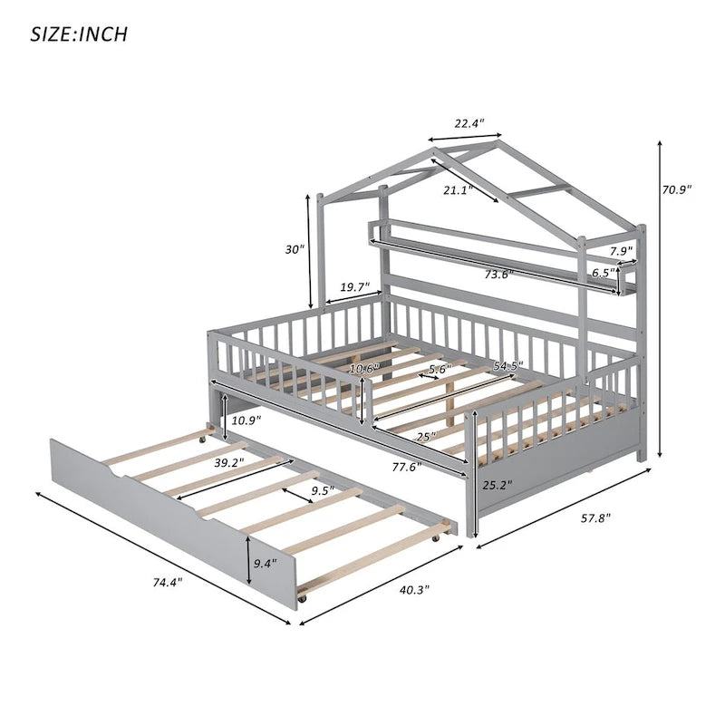 Cama Casa Creativa de Madera Tamaño Matrimonial con Cama Nido Doble y Estante de Almacenamiento, Cama con Barandilla de Cuerpo Entero para Niños y Adolescentes