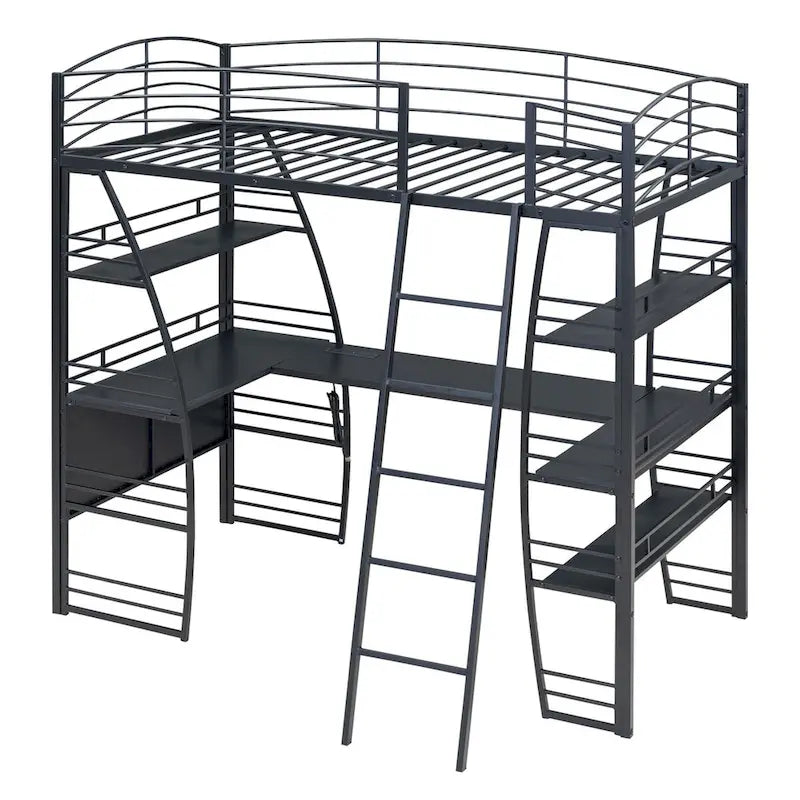 Cama alta individual con 4 estantes y escritorio en forma de L, con juego de enchufes, puertos USB y carga inalámbrica
