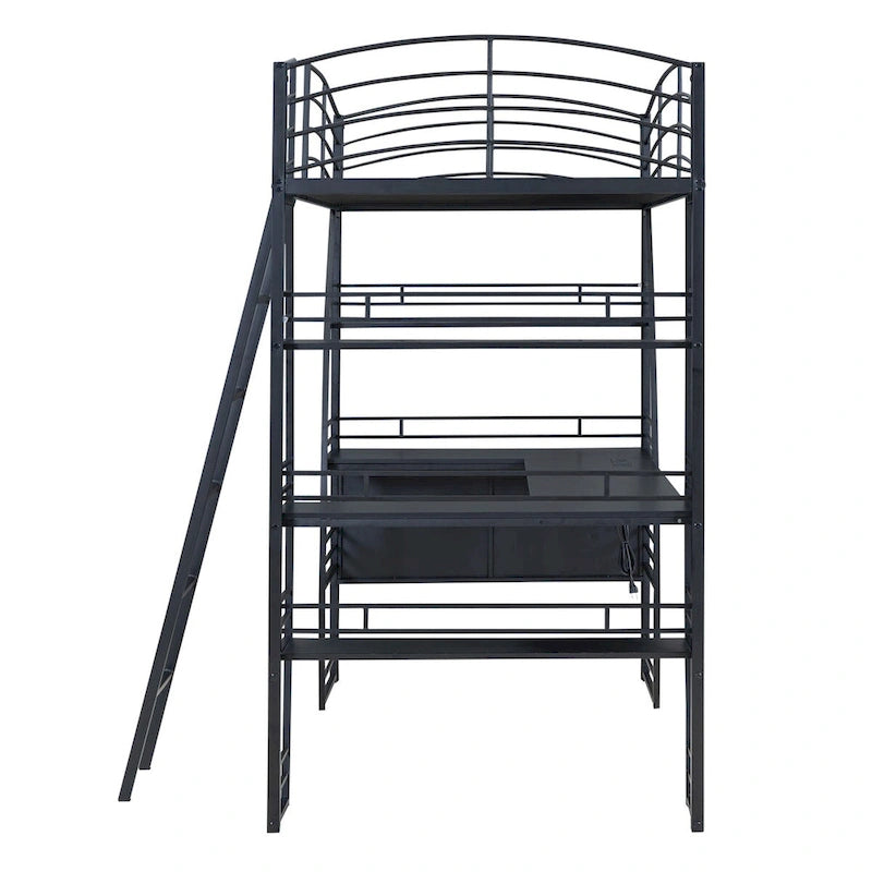 Cama alta individual con 4 estantes y escritorio en forma de L, con juego de enchufes, puertos USB y carga inalámbrica