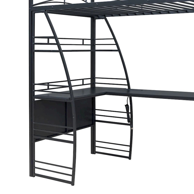 Cama alta individual con 4 estantes y escritorio en forma de L, con juego de enchufes, puertos USB y carga inalámbrica