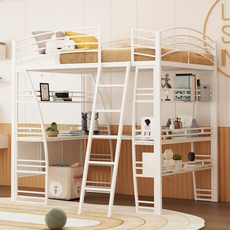 Cama alta individual con 4 estantes y escritorio en forma de L, con juego de enchufes, puertos USB y carga inalámbrica
