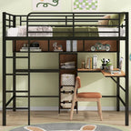 Cama alta de tamaño matrimonial con escritorio en forma de L y estantes de almacenamiento, cama alta matrimonial de metal con barandilla alta y escalera