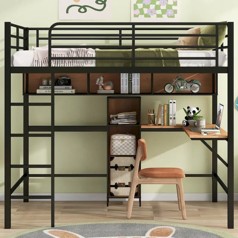 Cama alta de tamaño matrimonial con escritorio en forma de L y estantes de almacenamiento, cama alta matrimonial de metal con barandilla alta y escalera