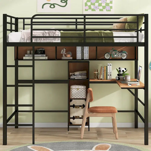 Cama alta de tamaño matrimonial con escritorio en forma de L y estantes de almacenamiento, cama alta matrimonial de metal con barandilla alta y escalera