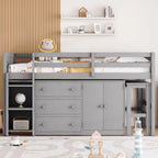 Twin Size Low Loft Bed With Pull-Out Desk, Drawers, Cabinet, and Shelves