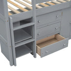 Cama baja tipo loft individual con escritorio extraíble, cajones, armario y estantes