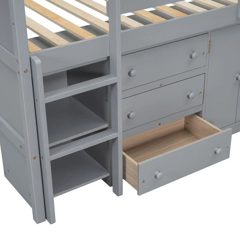 Cama baja tipo loft individual con escritorio extraíble, cajones, armario y estantes