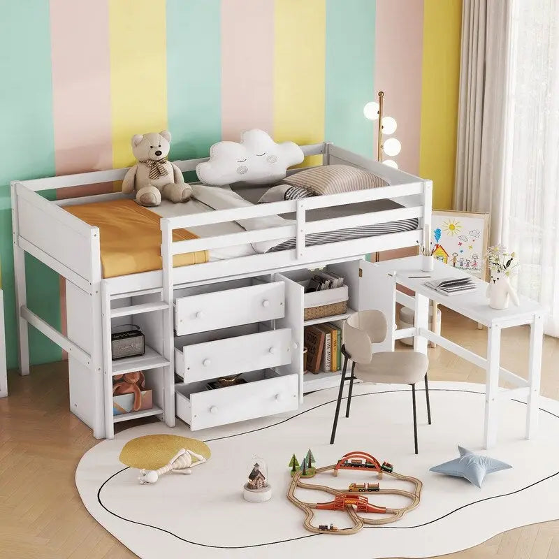 Cama baja tipo loft individual con escritorio extraíble, cajones, armario y estantes