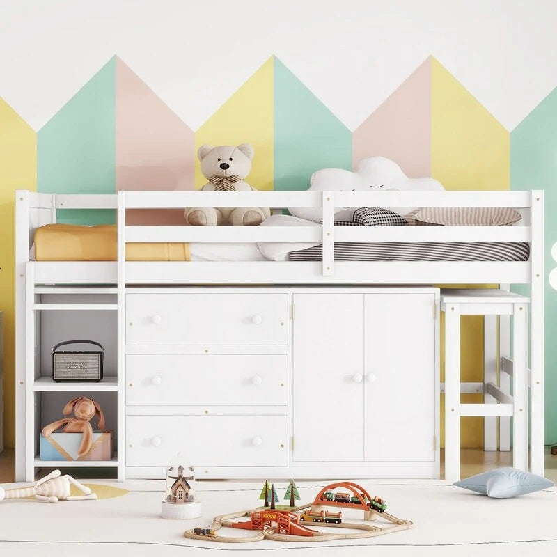 Cama baja tipo loft individual con escritorio extraíble, cajones, armario y estantes
