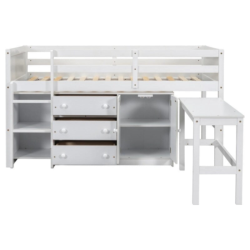 Cama baja tipo loft individual con escritorio extraíble, cajones, armario y estantes