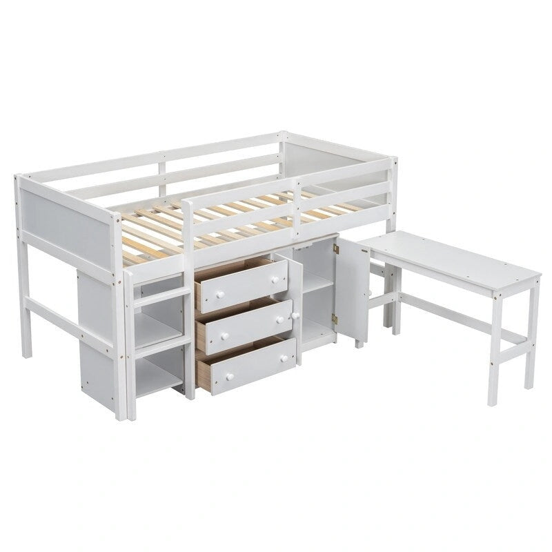 Cama baja tipo loft individual con escritorio extraíble, cajones, armario y estantes