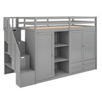 Twin Size Loft Bed with 3 Shelves, 2 Wardrobes and 2 Drawers, Ladder with Storage, No Box Spring