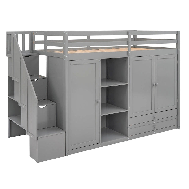 Twin Size Loft Bed with 3 Shelves, 2 Wardrobes and 2 Drawers, Ladder with Storage, No Box Spring