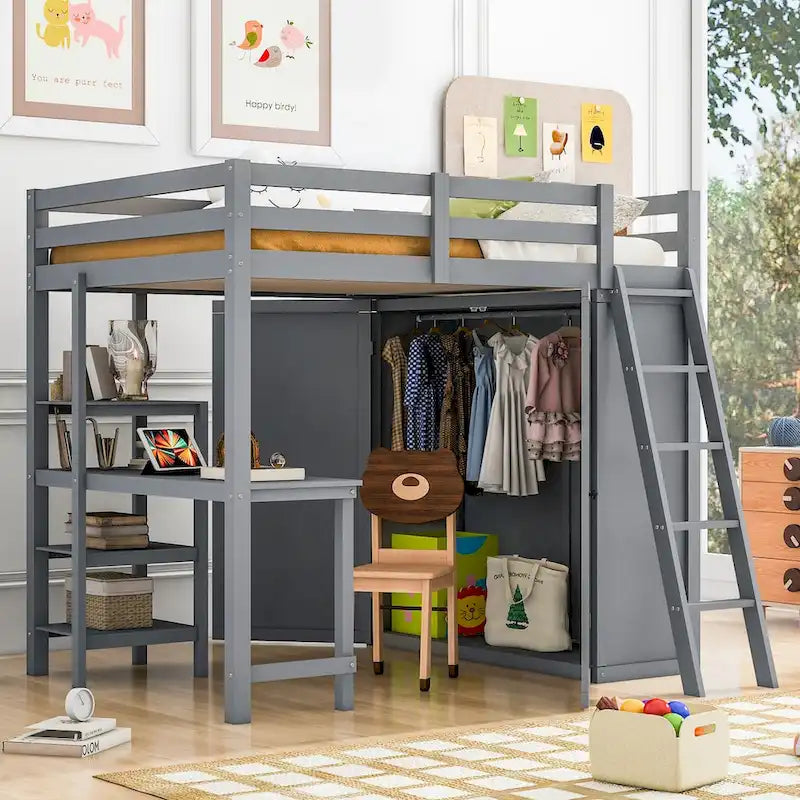 Cama alta de tamaño completo con armario, escritorio y estantes