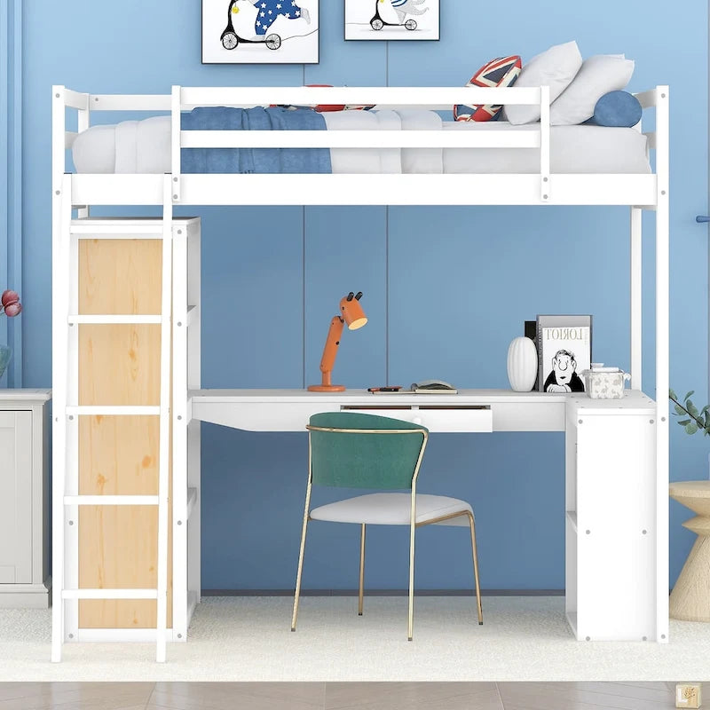 Cama alta individual con escalera, estantes y escritorio