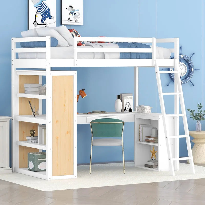 Cama alta individual con escalera, estantes y escritorio