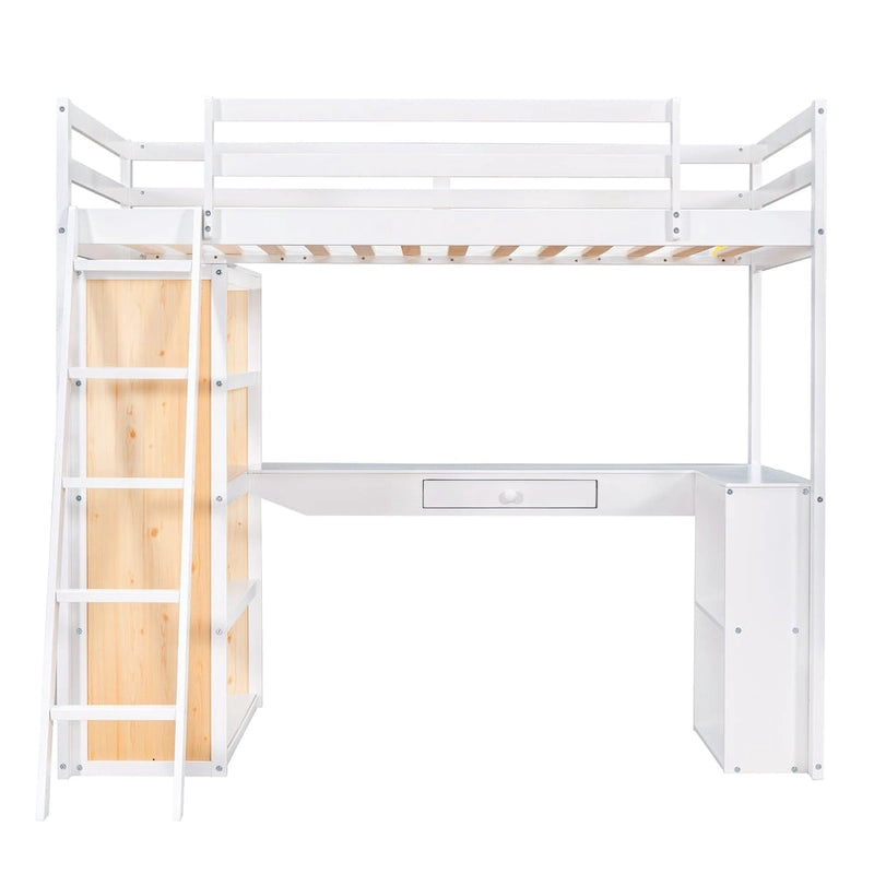 Cama alta individual con escalera, estantes y escritorio