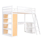 Cama alta individual con escalera, estantes y escritorio